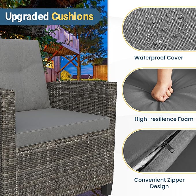 Wisteria Lane 4 Piece Patio Furniture Set, Wicker Outdoor Patio Conversation Furniture Set, All Weather Outdoor Patio Sofa with Cushion and Wood Table, Grey Wood WisteriaLane