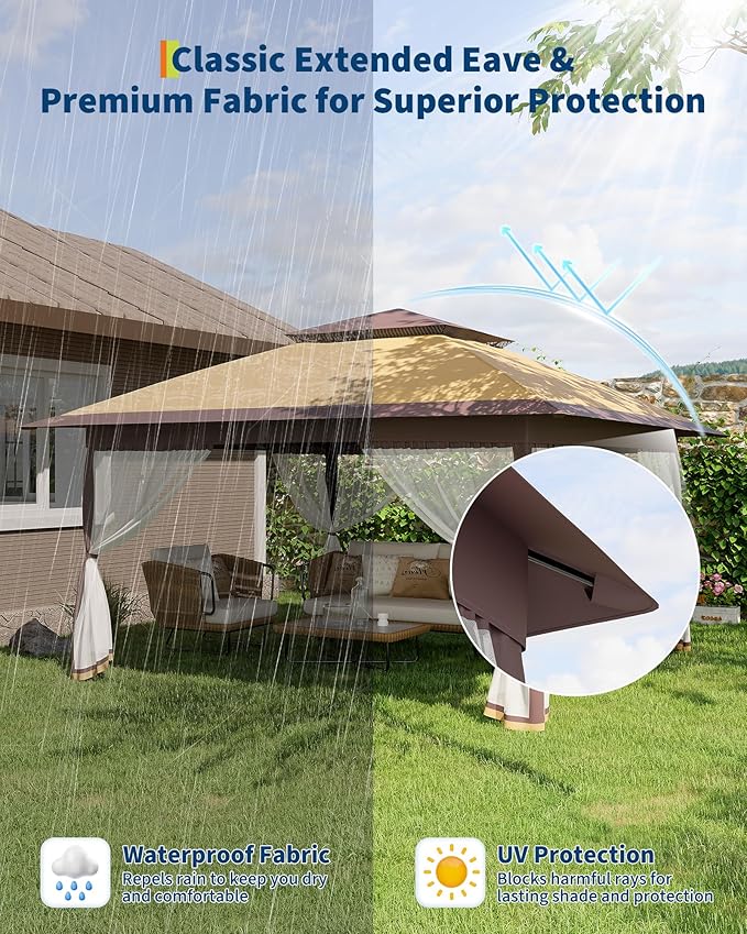 Canopy Tent 13x13 ft, Pop Up Gazebo One-Push Setup with 4 SandBags for Backyard Parties and BBQs, Mosquito Netting & Height Adjustable - Khaki & Coffee GarveeLife