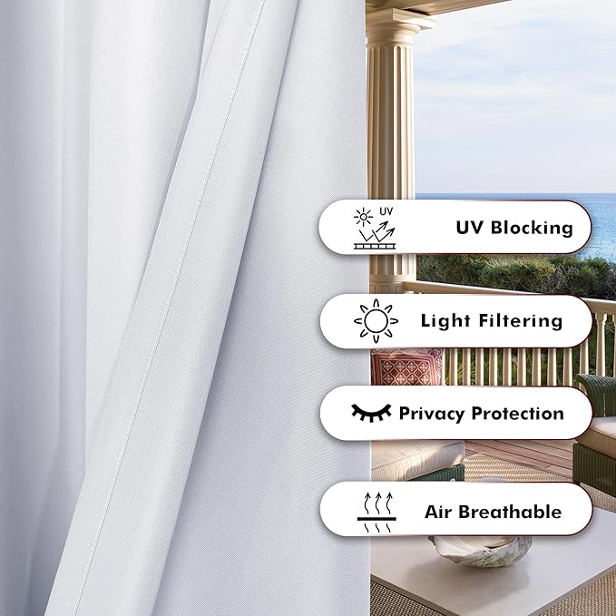 BONZER Waterproof Indoor/Outdoor Curtains for Patio Thick Privacy Wide Grommet Curtains for Bedroom, Living Room, Porch, Pergola, Cabana, 1 Panel, 110W x 120L inch, White Bonzer
