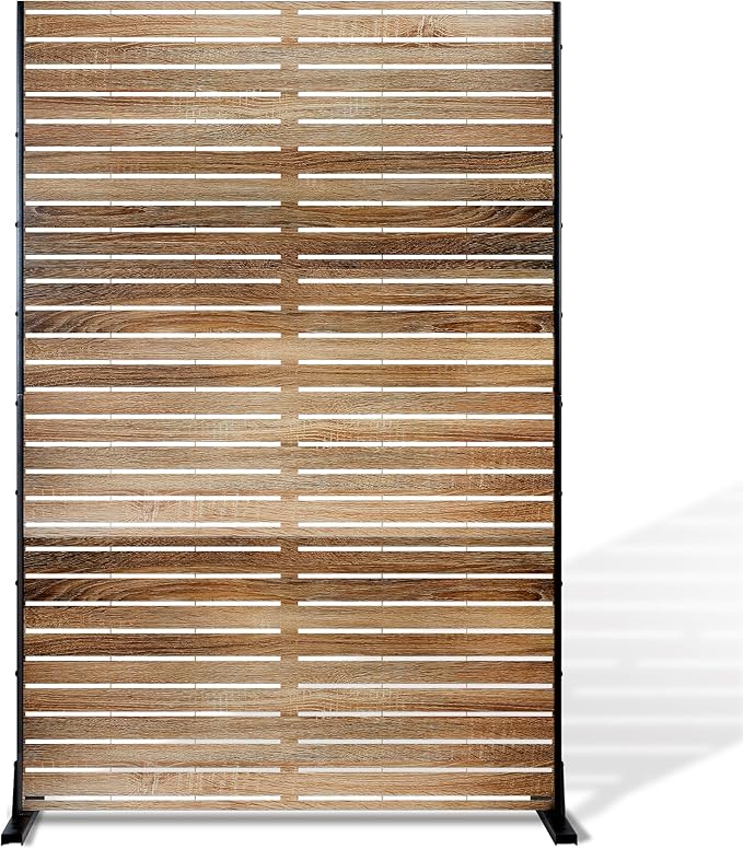 FENCY Metal Privacy Screen 72" H×47" W Natural Wood Color Outdoor Privacy Screen, Freestanding Decorative Privacy Fence Panels for Deck Balcony Patio FENCY