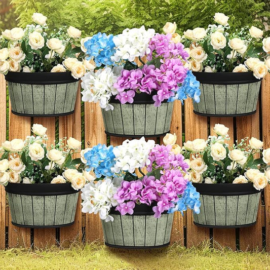 Layhit 6 Pcs Wall Hanging Planters Outdoor Pot Planter Wine Barrel Planter Distressed Oak Thickened Plastic Water Storage Flower Pots for Flower Indoor Outdoor(13.78 Inches,Grey Green) ShungLan
