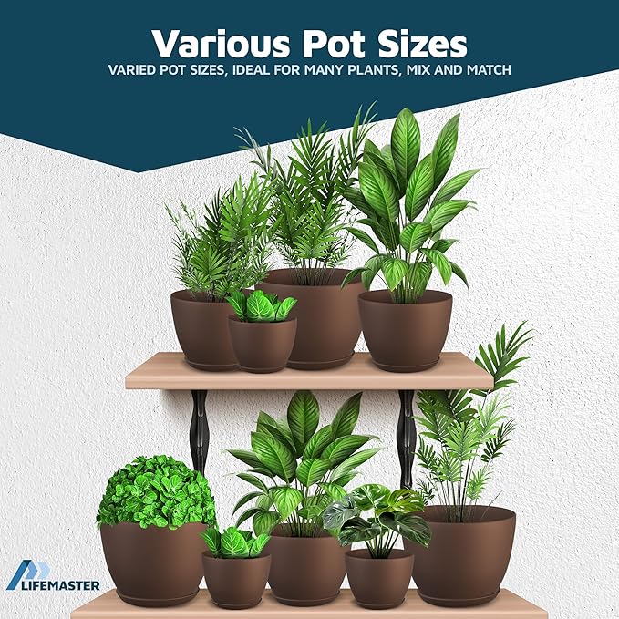 Brown Plant Pots with Drainage Holes & Saucers 3 Pack, Indoor & Outdoor Stackable Space-Saving Planters for Houseplants & Flowers, (7", 6.7", and 6" Inches), Durable & Weatherproof Materials LIFEMASTER