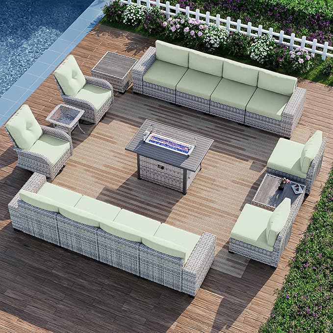 16-Piece Outdoor Patio Furniture Set with Rocking Swivel Chair, PE Wicker Rattan Sectional Sofa Patio Conversation Set with 55,000 BTU Fire Pit Table & Coffee Table, Light Green MuphyersPatioFurniture