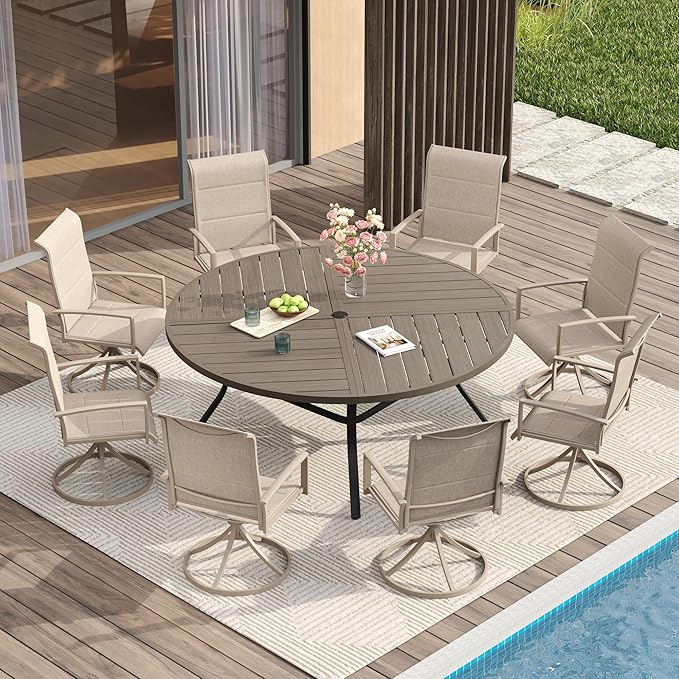 VICLLAX Round Patio Table with Adjustable Umbrella Hole for 8, All Weather Metal Outdoor Dining Table for Lawn Garden, 59.8" Outdoor Coffee Table, Grey Wood-Like Tabletop HOME