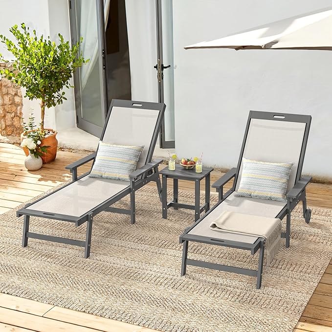 LUE BONA Chaise Lounge Chair Outdoor Set of 4, HDPS and HDPE Wicker Chaise Lounger with 5 Positions, Pool Lounge Chairs with Wheels and Adjustable Backrest for Patio, Poolside, Deck, Backyard LUEBONA