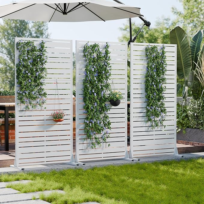 Casaphoria Metal Privacy Screen Outdoor, 72" H x 35" W Freestanding Decorative Privacy Screen for Patio Deck Balcony Garden with Stable Base, White-Benjamin Casaphoria