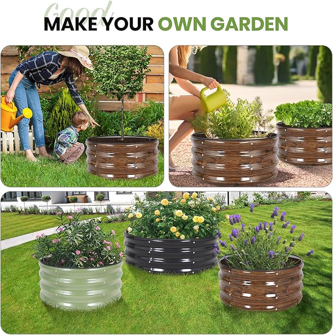 G GOOD GAIN Round Raised Garden Bed - 3Pcs 2x2x1ft Galvanized Steel Planter Boxes Outdoor with Rubber Edge Trim | Metal Raised Beds for Gardening Vegetables Flowers Fruits Herbs (Wood Grain) GGOODGAIN