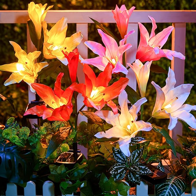 Brightown Solar Lights Outdoor, 4 Pack Solar Garden Lights with Larger & More Realistic Lily Flowers, Waterproof Outdoor Solar Lights for Yard Patio Lawn Pot Decoration Brightown