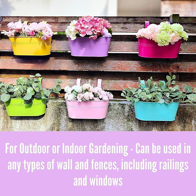 LaLaGreen Rail Planter Outdoor Plants (6 Pack, 11.8 Inch) Colorful Metal Iron Strawberry Hanging Flower Pots Deck Railing Fence Buckets Modern Wall Mount Window Box Plant Holder Hooks Porch Home Decor L%C3%A1L%C3%A1Green