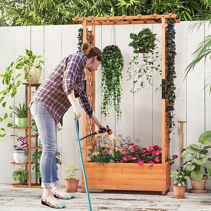 Giantex 2 Pcs Raised Garden Bed with Trellis & Hanging Roof, Wood Planter Box with Bottom & Drainage Holes, Freestanding Garden Planter for Flower Vegetable Fruit Herb Climbing Vines, 43.5"x17.5"x72" Giantex
