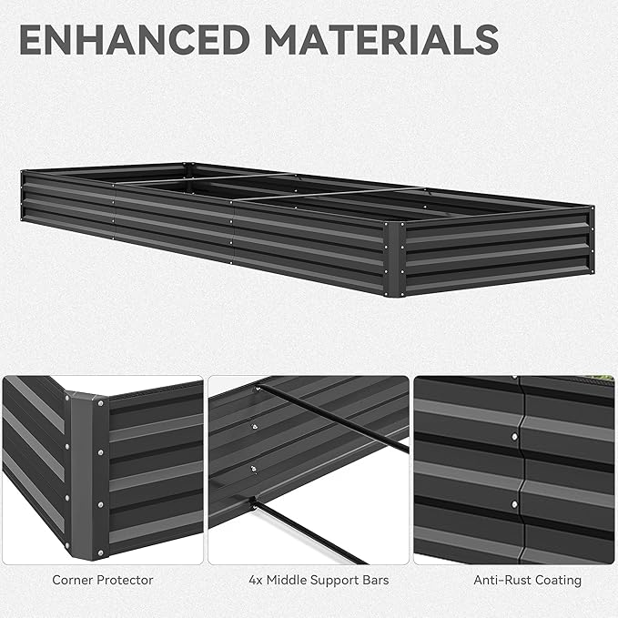 YITAHOME 144x48x12 in Galvanized Raised Garden Bed Kit, Large Metal Planter Box with Gloves, Safety Rubber & Support Rod, Outdoor Flower Bed for Plants Vegetables, Black YITAHOME