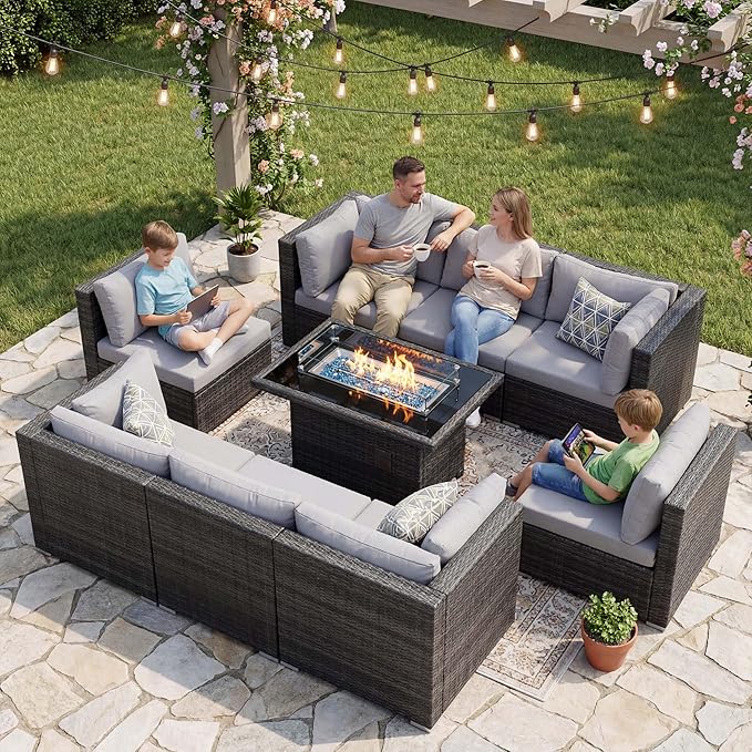 NICESOUL 9 Piece Outdoor Patio Furniture Set with Fire Pit Table Dual Natural Gas & Propane, 29.3'' High Back Extra Large Comfy Wicker Conversations, Deep Wide Modular Couches for Garden, Light Grey NICESOUL