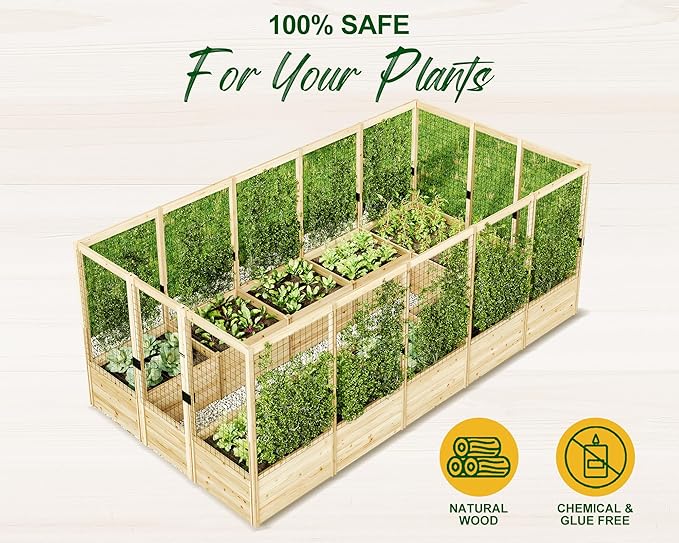 AMERLIFE U-Shaped Raised Garden Bed with Deer Proof Fence, 7.5Wx15Dx6H Outdoor Wooden Raised Garden Bed Planter with 19" Depth Planter Box AMERLIFE