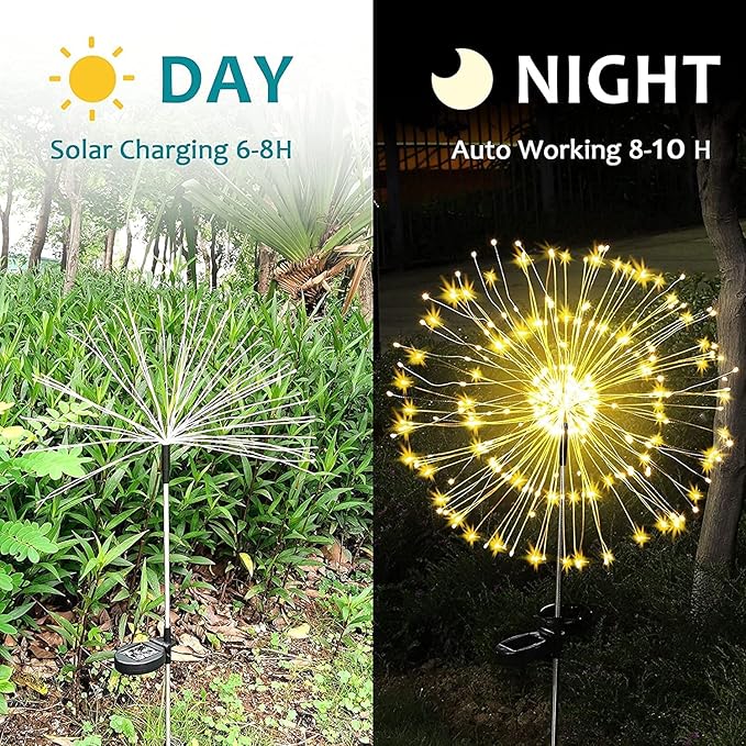 JJGoo Solar Firework Lights, 2 Pack 180 LEDs 2 Lighting Modes Solar Lights Outdoor Waterproof for Garden Patio Walkway Pathway Party Wedding Christmas Decorative - Warm White JJGoo