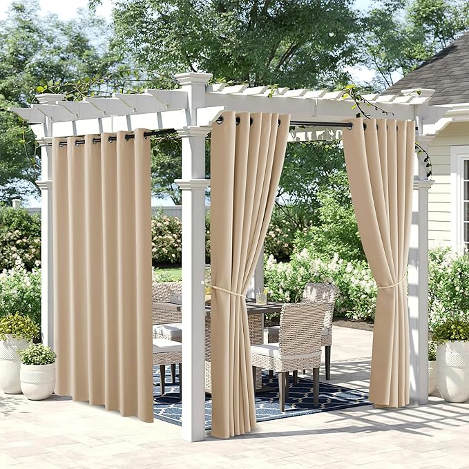 NICETOWN 2 Panels Outdoor Curtains for Patio Waterproof 108 inch Extra Long, Rustproof Grommet Room Darkening Thermal Insulated Privacy Outdoor Space Drape for Gazebo, W84 x L108, Biscotti Beige NICETOWN