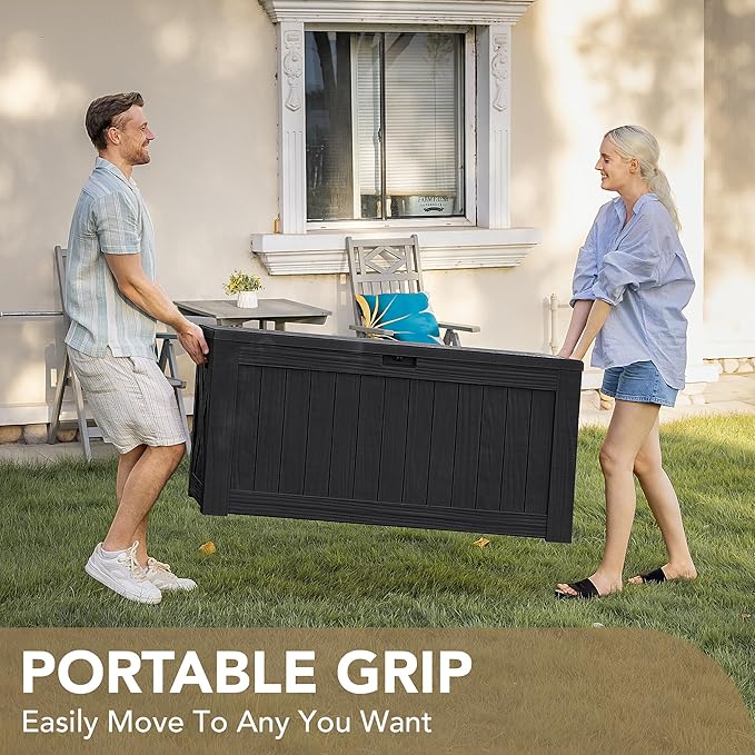 Devoko 120 Gallon Deck Box Resin Outdoor Storage Box Waterproof for Patio, Large Outdoor Storage Bench Lockable for Outside (Black) DEVOKO