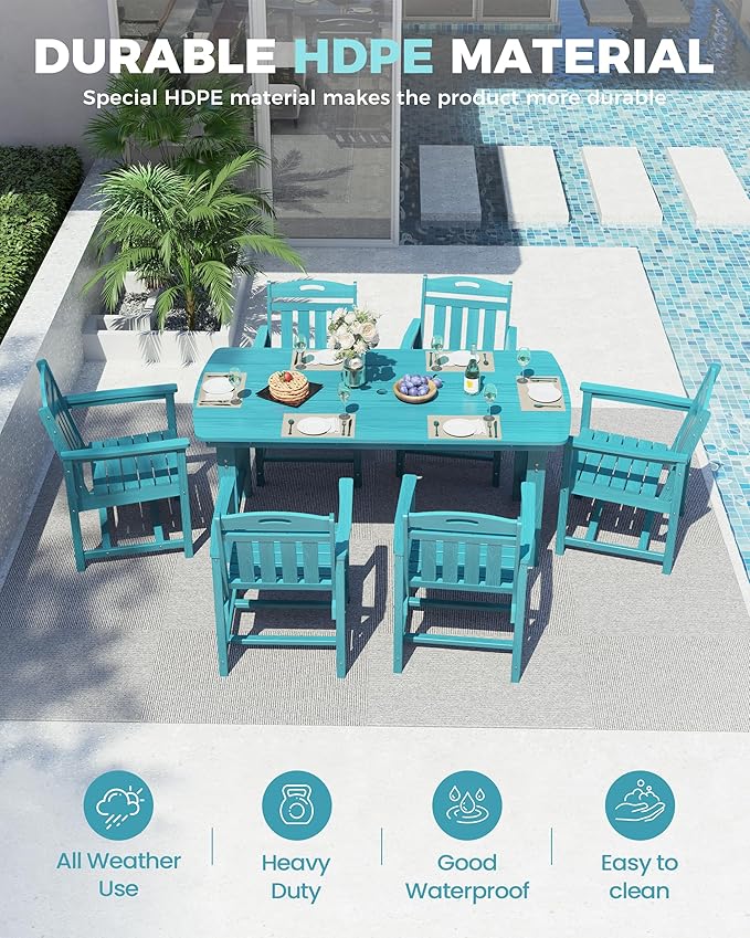 Ciokea HDPE Outdoor Patio Dining Chairs Set of 2, All-Weather Porch Chair with Wide Seat, Durable Outdoor Furniture for Backyard, Garden, Lawn & Poolside, Lake Blue CIOKEA