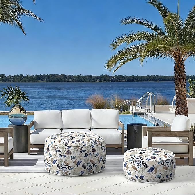 LVTXIII Outdoor Inflatable Ottoman, 21"x21"x9" Patio Fade-Resistant Footrest Stool with Handle, Portable Round Ottoman Pouf for Patio Garden, Camping or Home Use, Breeze Leaves Beige LVTXIII