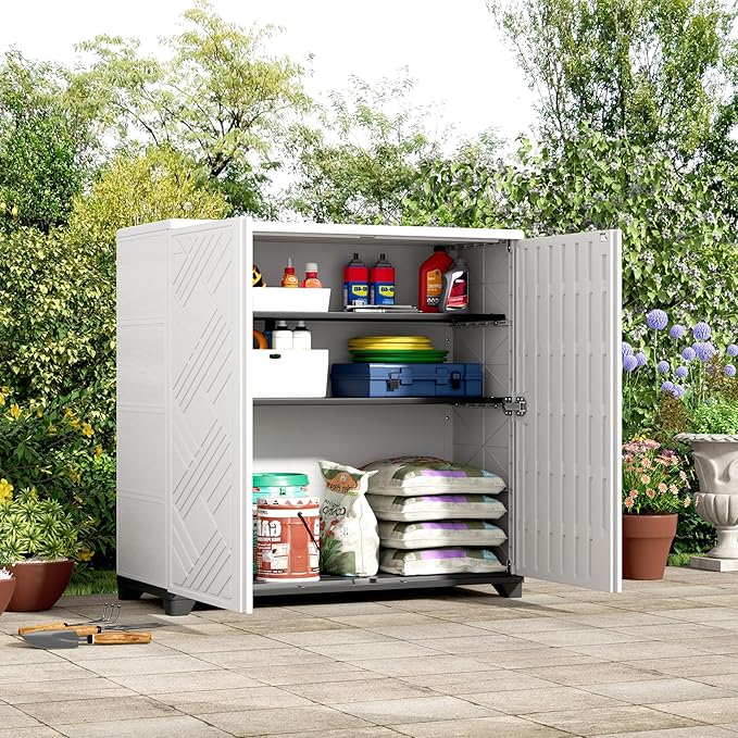 ZZM Indoor/Outdoor Storage Cabinet Waterproof, 34"x15"x34" Plastic Outdoor Storage Box for Garden Balcony Bathroom, All Weather Outdoor Storage Clearance, DIY Usage, with 2 Shelf (White) ZZM