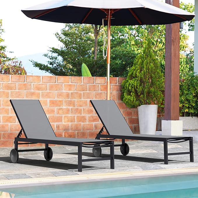 Shintenchi 2 PCS Outdoor Chaise Lounges Chair with Wheels Aluminum Reclining Patio Lounge Chairs with 5 Adjustable Position Recliner for Patio, Beach, Yard, Pool Patio Furniture Set,Light Grey Shintenchi