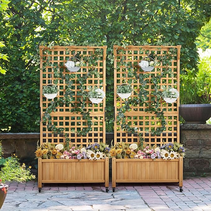 Yaheetech 72" H Garden Planter with Trellis for Vine Climbing Horticultural Plants, Yard Box Outdoor w/Drainage Holes, Garden Planter Bed for Flowers Herbs, Light Brown Yaheetech