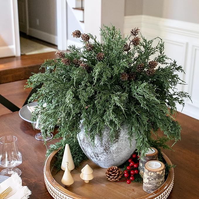 Faux Cedar Stems Artificial Norfolk Pine Branches for Christmas Decor, 12 PCS Fake Pine Stems with 2 PCS Pine Cones Branches Real Touch Realistic Faux Greenery for Vases DIY Garland Xmas Table Indoor Ivydale