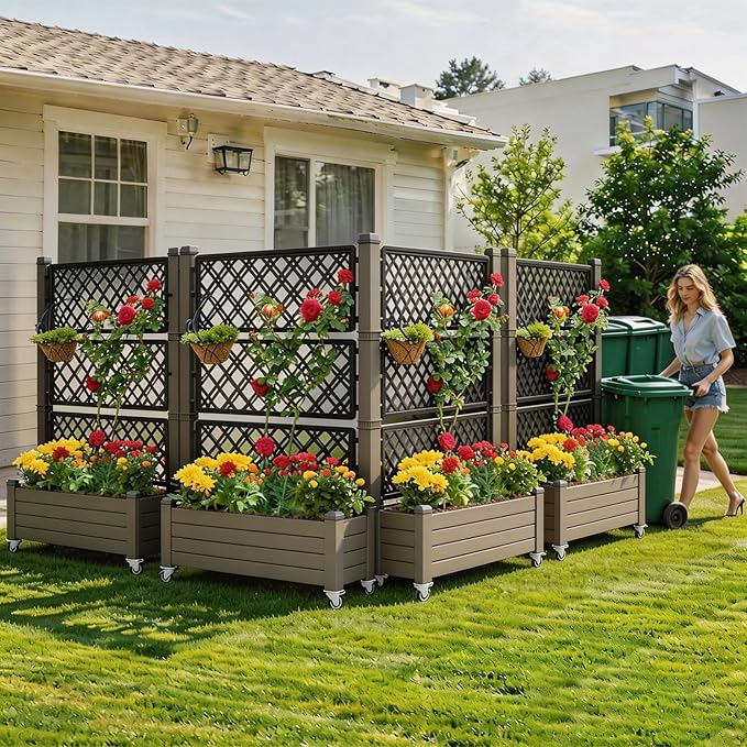 YITAHOME 3.6x1.5x5 FT Planter Box Trellis with Wheels, Large Outdoor Plastic Raised Garden Bed with Drain Plug for Climbing Plants, Light Brown YITAHOME