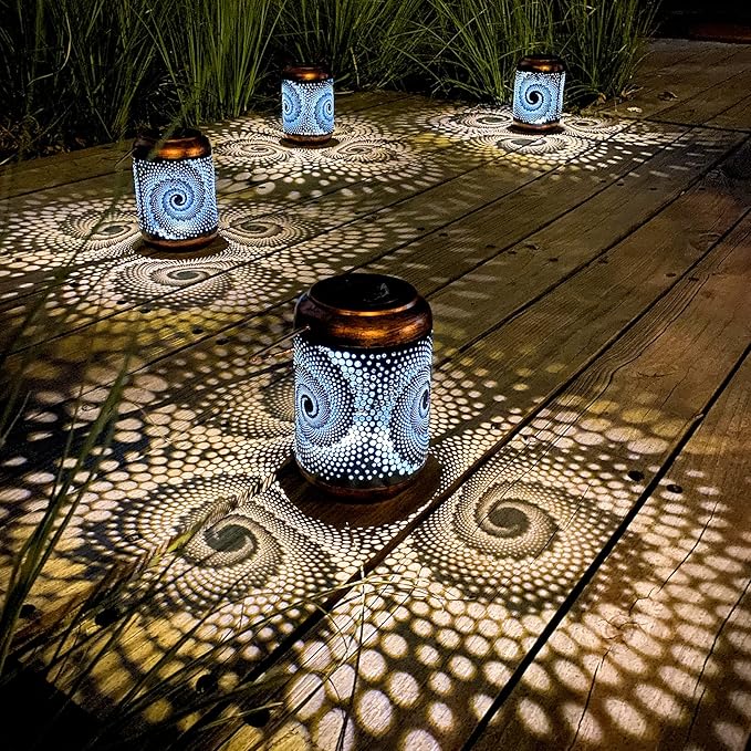4 Pack Solar Lanterns Outdoor Hanging Metal Waterproof LED Lantern with Solar Powered Garden Patio Decorations Decor Lantern with Handle Christmas Gift Idea DIBIEECN