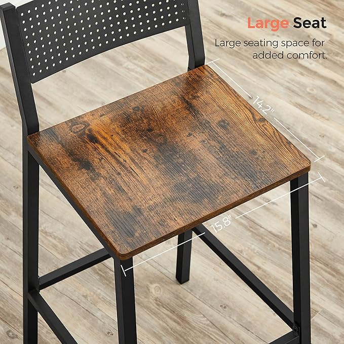 VASAGLE Bar Stools, Set of 2 Bar Chairs, Tall Bar Stools with Backrest, Industrial in Party Room, Rustic Brown and Black ULBC070B01 VASAGLEbySONGMICSHOME