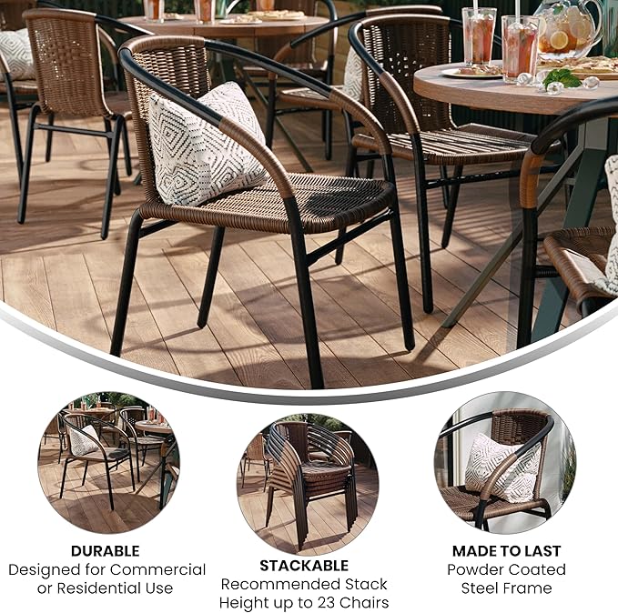 EMMA + OLIVER Set of 2 Modern Rattan Indoor/Outdoor Stack Chairs, Stacking Rattan Patio Chairs with Curved Back and Cross Bracing, Brown EMMAOLIVER