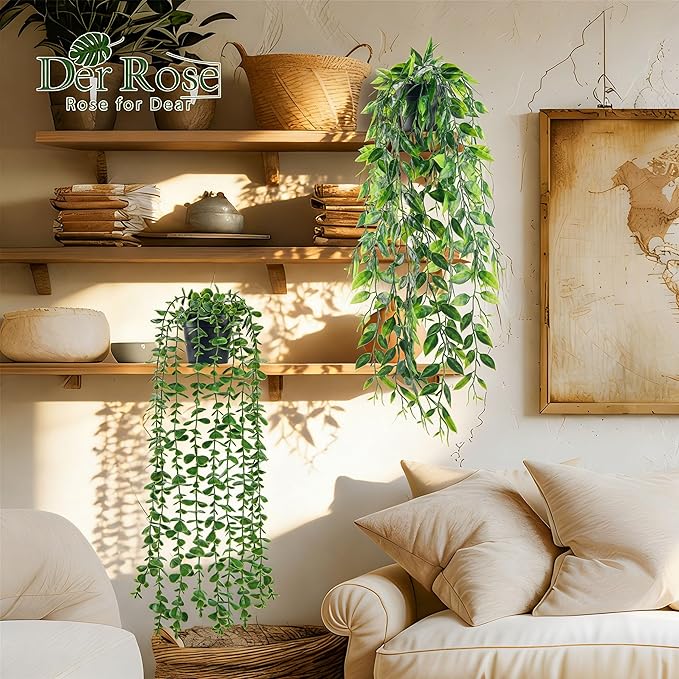 Der Rose 8Pcs Fake Plants Hanging Artificial Ivy Vine Faux Eucalyptus Hanging Plants for Home Boho Wall Shelf Indoor Outdoor Decor (Black Pots) DerRose