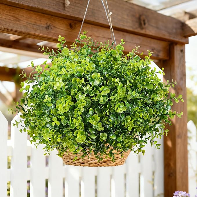 Artificial Faux Outdoor Plants for Spring Summer Decoration, 12 Bundles Fake Plastic Eucalyptus UV Resistant Look Real Fake Plants for Planter Outside Front Door Porch Patio Balcony Garden Indoor Yard Ivydale