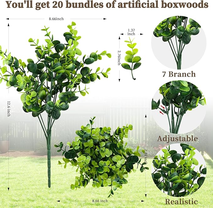 20 Bundles Artificial Greenery Boxwood Plants, Fake Plant for Garden Porch, Window Box, Home Wedding, Farmhouse, and Indoor Outdoor Decoration ColoPlay