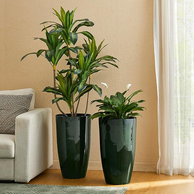 Glitzhome 23.5" H Large Tall Planter for Outdoor Plants,Set of 2 Plastic Tall Planters with Drainage Holes,Round Tapered Faux Ceramic Gradient Green Flower Tree Pots for Porch Patio Indoor Outdoor Glitzhome