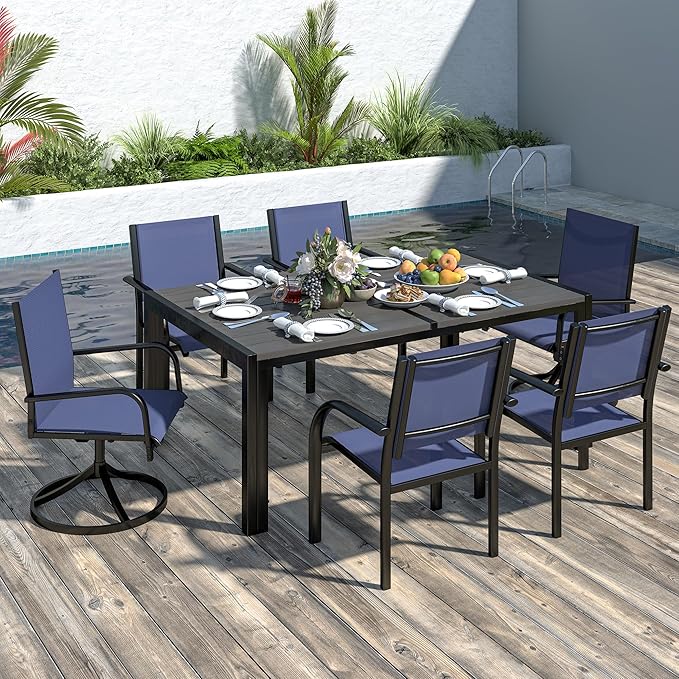 7-Piece Outdoor Patio Dining Set for 6, 59” Table with 4 Textilene Dining Chairs & 2 Swivel Chairs, Patio Furniture Set with Durable Metal Frame for Backyard Garden, Deck, and Poolside (Blue) SEGMART