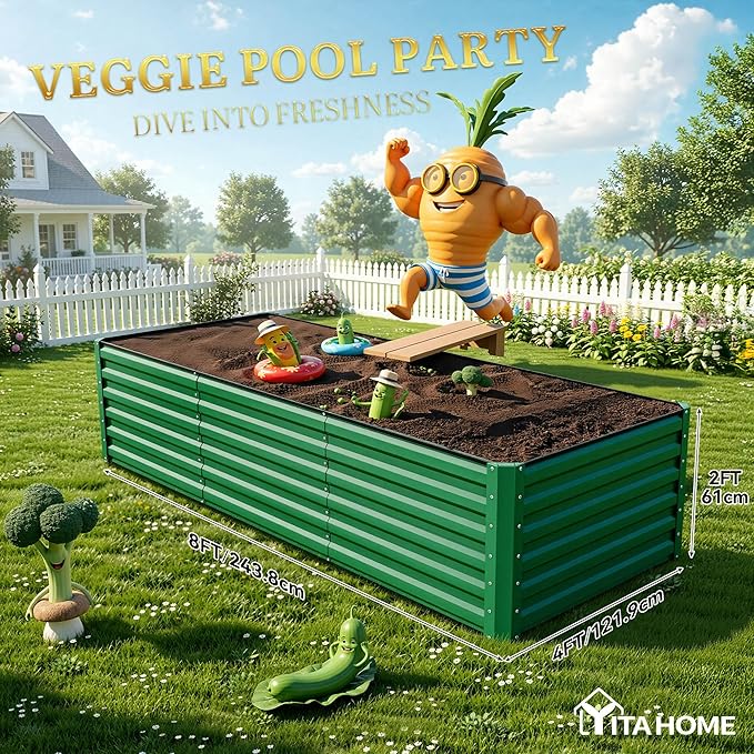 YITAHOME 4pcs 8x4x2 ft Galvanized Raised Garden Bed Kit, Large Metal Planter Box with Gloves, Safety Rubber & Support Rod, Outdoor Flower Bed for Plants Vegetables, Green YITAHOME