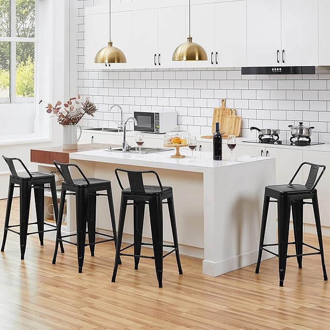 Yaheetech Bar Stools Set of 4, Metal Counter Height Chairs, 26 Inch Industrial Kitchen Stools with Backrest and Footrest for Indoor/Outdoor, Matte Black Yaheetech