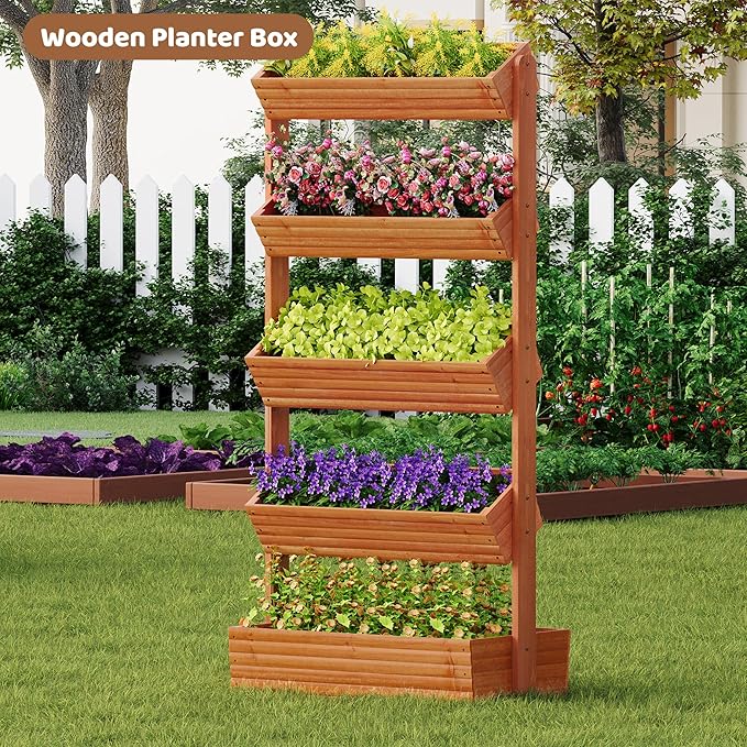 FILWH Wooden Raised Garden Bed Vertical Planter Box, Freestanding Plant Stand for Indoor Outdoor Plants, Herbs, Flowers, Vegetables, Gardening (Reddish Brown, 5-Tier，29.9 x 17.9 x 68in) FILWH