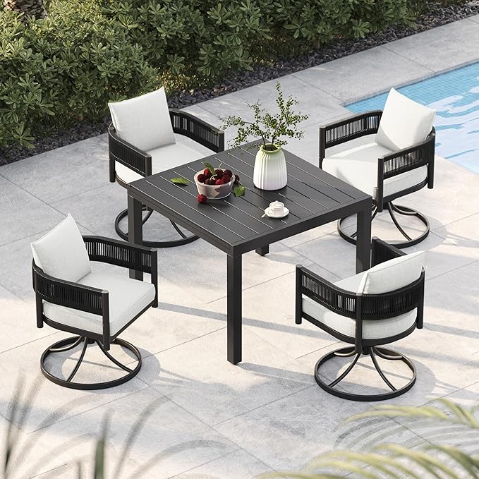 Grand patio 5-Piece Outdoor Dining Set for 4 with 1 Rectangle Expandable Table for 4-6 Person, Metal Woven Wicker Swivel Patio Chairs with Thickened Cushions for Yard, Poolside (Black) GrandPatio