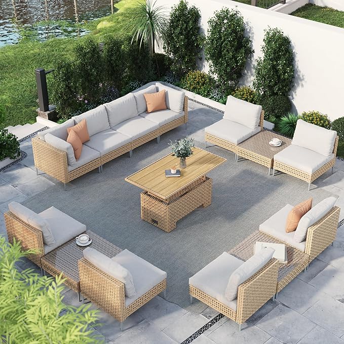 Grand patio 14-Piece Wicker Patio Furniture Set with Lift Top Coffee Storage Table, Outdoor Conversation Set Sectional Sofa with Water Resistant Thick Cushions, Cream GrandPatio