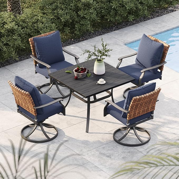 Grand patio 5-Piece Outdoor Dining Set, 4 Leather-Look Wicker Swivel Blue Patio Chairs & 1 Square Dining Table, Black GrandPatio