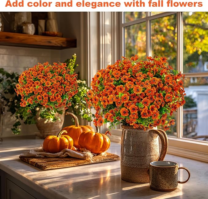 Artificial Fall Flowers Outdoor Fake Mums - 16 Bundles Fake Plants UV Resistant No Fade Faux Plastic Greenery Garden Porch Patio Fall Home Decor (Red Orange16) AXYLEX