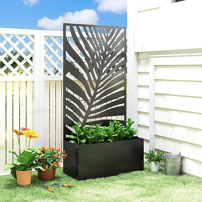 Outsunny Metal Planter Box with Trellis, 71" Tall Raised Garden Bed with Trellis Privacy Screen for Climbing Plants, Large Leaf Cut-Out Privacy Planter for Garden, Patio, Balcony Outsunny
