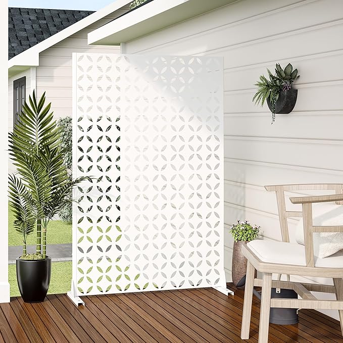 Casaphoria 72" H x 47" W Metal Privacy Screen, Outdoor Freestanding Decorative Divider for Patio, Deck, Balcony, and Garden with Stable Base, White-Daniel Casaphoria
