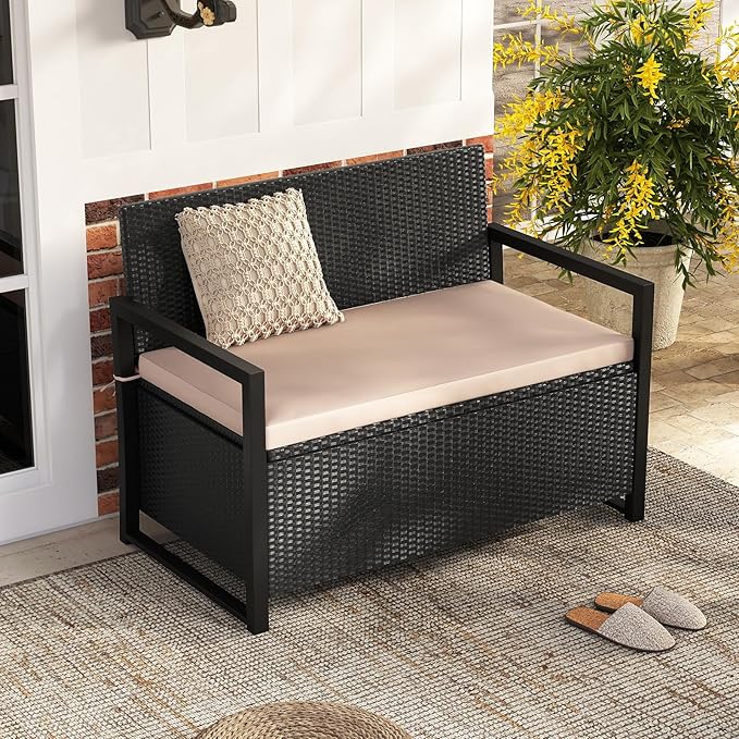 RELAX4LIFE Wicker Outdoor Bench with Storage - Rattan Deck Box w/Protective Liner for Pillows, Pool Supplies, Garden Tools, Patio Loveseat with Seat Cushion & Metal Armrests for Backyard Porch Balcony RELAX4LIFE