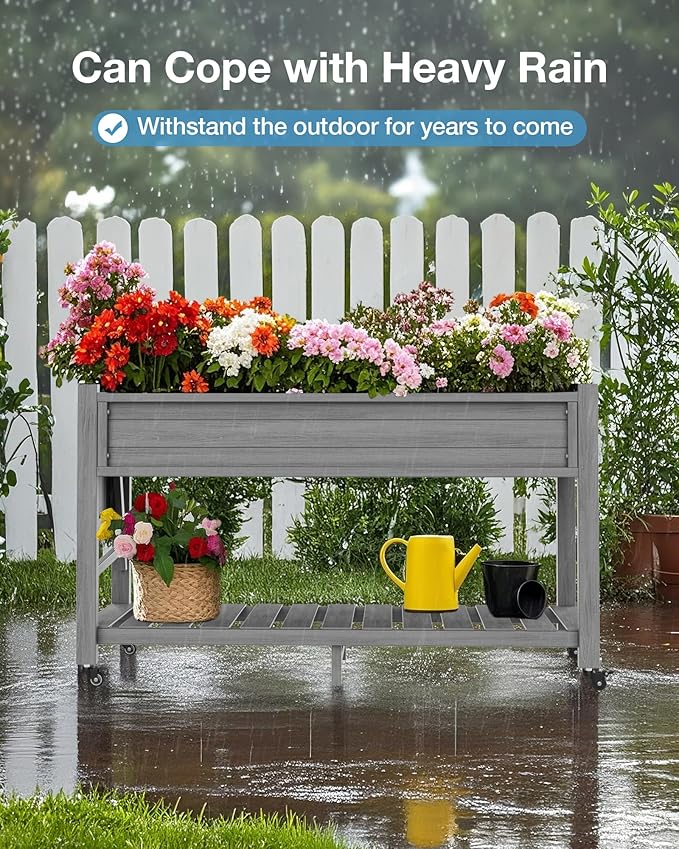 YEFU Raised Garden Bed with Legs: 57x18x30in Elevated Poly Planter with Wheels,Waterproof Mobile Raised Bed Garden, Elevated Planter Box Stand with Storage Shelf,for Deck,Patio,Porch,Yard (Grey,2pcs) YEFU