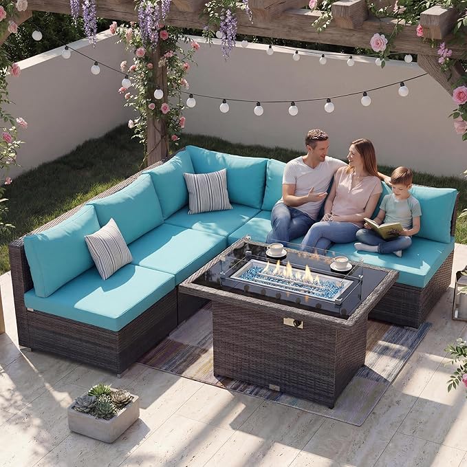 NICESOUL 6 Piece L Shaped Patio Furniture Set with Fire Pit Natural Gas/Propane, 29.3'' High Back Comfy Outdoor Conversations for Outside, Big Size Deep Wide Couches, 2 Color Cushion Turquoise & Grey NICESOUL