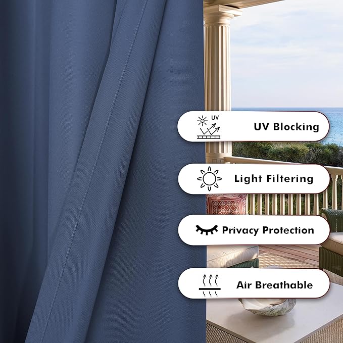 BONZER Waterproof Indoor/Outdoor Curtains for Patio Thick Privacy Extra Wide Grommet Curtains for Bedroom, Living Room, Porch, Pergola, Cabana, 1 Panel, 150W x 95L inch, Navy Bonzer
