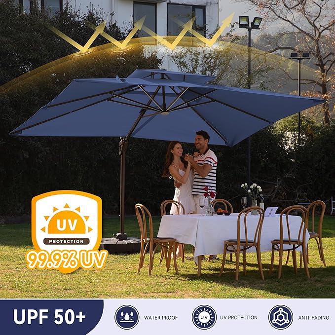 10 X 13 FT Cantilever Outdoor Patio Umbrella with Base Included Large Heavy Duty 360° Rotation Double Top Offset Rectangular Umbrellas with Led Lights for Backyard Outside Deck, NAVY MEVBC