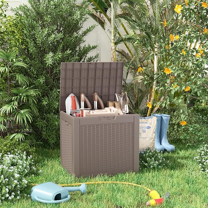 ROJIK Outdoor Storage Housing Deck Box - Waterproof Patio Furniture, Garden Tools, Cushions, Pool Accessories Storage Bench with Lockable Lid and Side Handles (Grey Rattan, 30 Gal) ROJIK